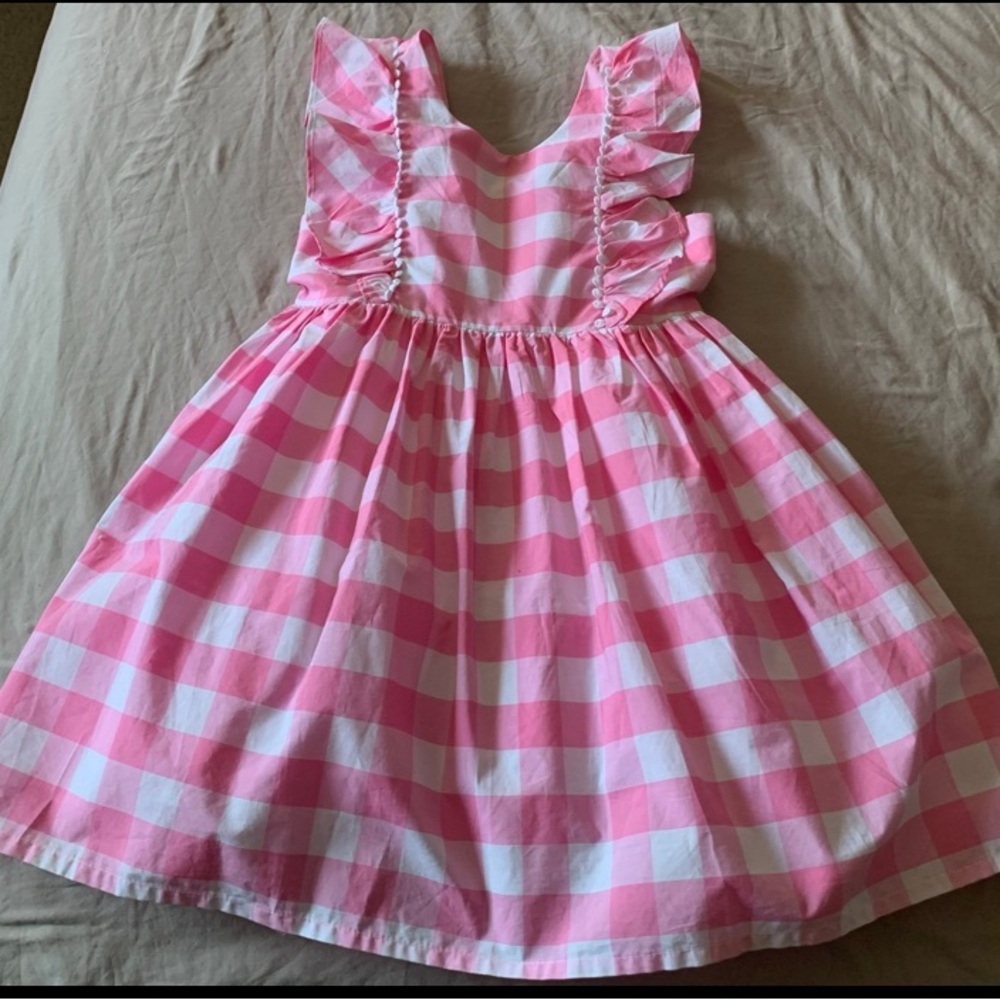 Fit & Flare Pink Gingham Ruffle Sleeve Girls Dress Knee Length Button Accent